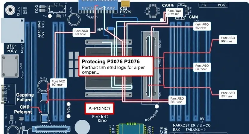 A detailed schematic diagram illustrating a computer motherboard with a highlighted P3076 error indicator. Focus on the logical connections and components related to error detection and troubleshooting. Include visual cues representing data flow and potential points of failure. The overall aesthetic should be clean and technical, emphasizing clarity and precision.