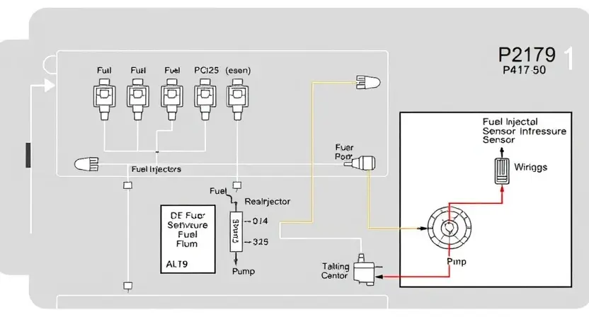 A detailed schematic diagram of an engine control unit (ECU) with highlighted components related to the P2179 error code (fuel system circuit - insufficient fuel flow). Include visual representations of fuel injectors, fuel pressure sensor, fuel pump, and relevant wiring. The diagram should be clean, professional, and easy to understand, focusing on the circuit path and potential points of failure.