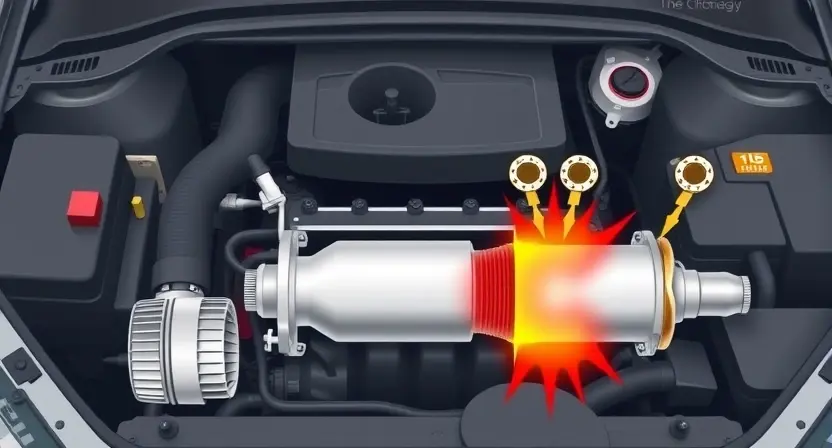 A high-quality technical illustration showing a car engine with highlighted ignition misfire causing stress on the catalytic converter, clean scientific diagram style, no text or numbers on image