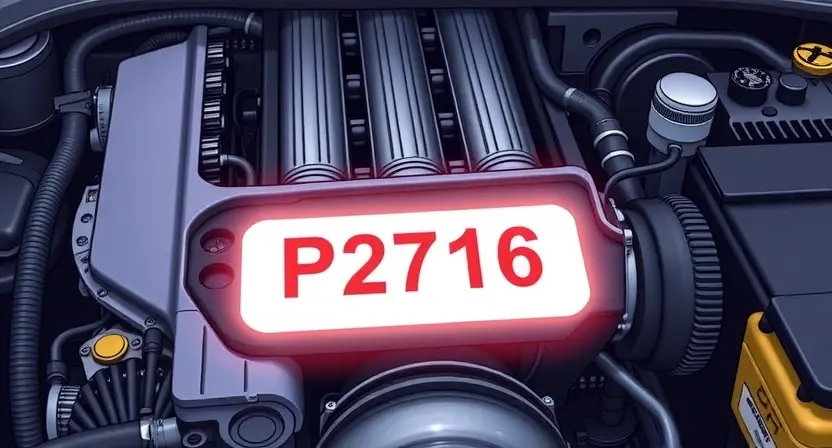 A detailed illustration of a car engine with a highlighted P2716 error code indicator. The engine should be realistically rendered, showing various components like pistons, valves, and belts. The error code indicator should be clearly visible and illuminated.