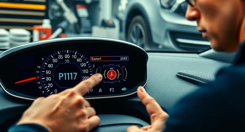 A car engine diagnostic screen displaying error code P1171 on a digital dashboard, with a mechanic in a workshop pointing at the display, surrounded by automotive tools and a partially visible Opel vehicle in the background, realistic lighting, high detail, no text or numbers added to the image beyond what is naturally part of the scene