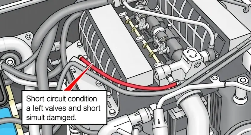 A detailed diagram of a car engine's valve system, specifically highlighting the front left valve and its associated wiring. The diagram should clearly show the valve, the wiring leading to it, and the surrounding engine components. Focus on illustrating a short circuit condition, perhaps with a visual representation of disrupted electrical flow or a slightly damaged wire. The overall image should be clean and informative, suitable for a repair manual.