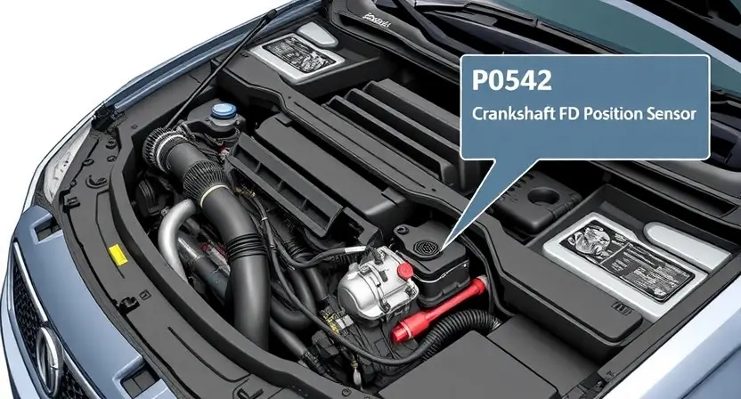 A detailed illustration of a car's engine bay with the P0542 error code highlighted on a diagnostic screen. The engine should be partially disassembled to show relevant components like the crankshaft position sensor and the camshaft position sensor. Focus on the sensors and wiring related to the P0542 code.