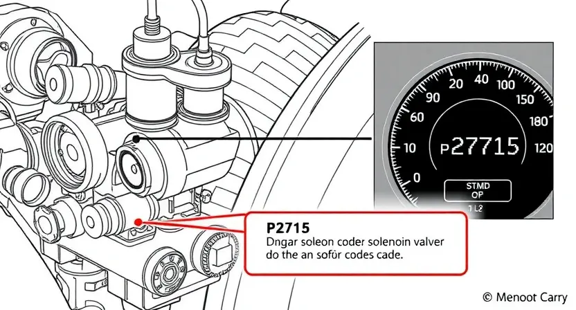 A detailed illustration of an automotive solenoid valve, highlighting the P2715 error code indicator. The image should show the solenoid valve with clear labels indicating its components and connections. Include a visual representation of the error code displayed on a car's dashboard.