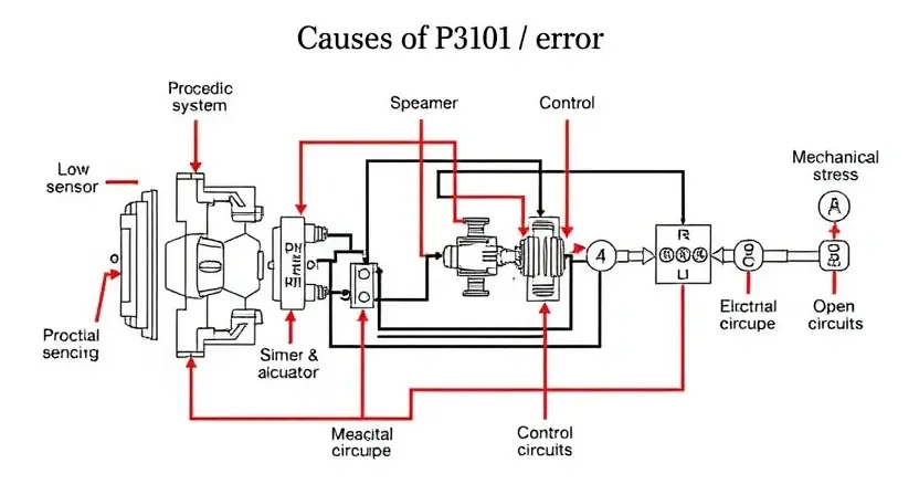 A detailed diagram illustrating the causes of P3101 error in a mechanical and electrical system. The diagram should show interconnected components like sensors, actuators, control units, and potential failure points. Use clear visual cues to represent mechanical stress, electrical faults (e.g., short circuits, open circuits), and their impact on the system. Focus on a technical and informative representation, avoiding abstract or artistic interpretations.