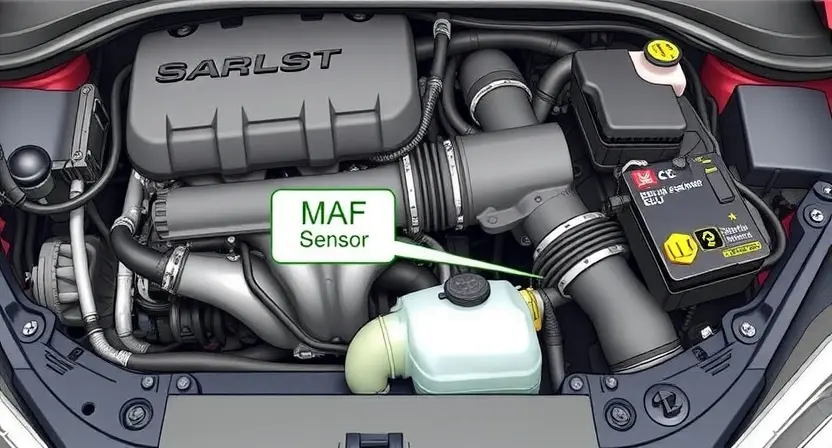 A detailed illustration of a car's engine bay, highlighting the mass airflow sensor (MAF sensor) and its connection to the engine control unit (ECU). The sensor should be clearly labeled. Include visual cues representing potential issues like a loose connection or a damaged sensor.