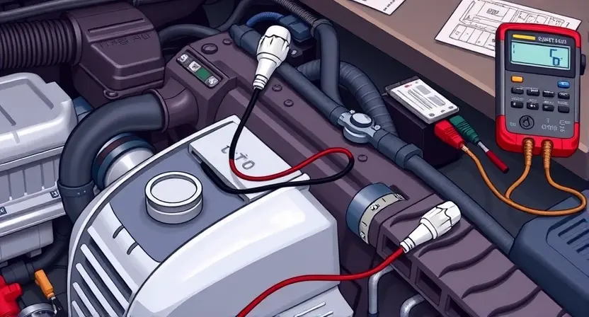 A detailed illustration of a car's engine bay, focusing on the throttle position sensor and its wiring. The sensor should be clearly visible, along with the wiring harness connecting it to the engine control unit (ECU). Include diagnostic tools like a multimeter and a wiring diagram in the background. The overall scene should convey a sense of technical inspection and problem-solving.