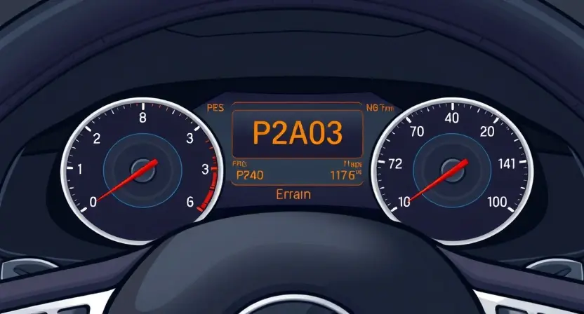 A detailed illustration of a car dashboard displaying an error message 'P2A03'. The dashboard should show the error code prominently, along with relevant car diagnostic information. The car should be a modern sedan.