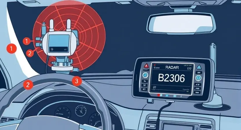 A high-quality technical illustration showing a radar system on a vehicle with diagnostic equipment, displaying error code B2306, clean lines, technical accuracy, no text or numbers on image, professional automotive diagnostic scene