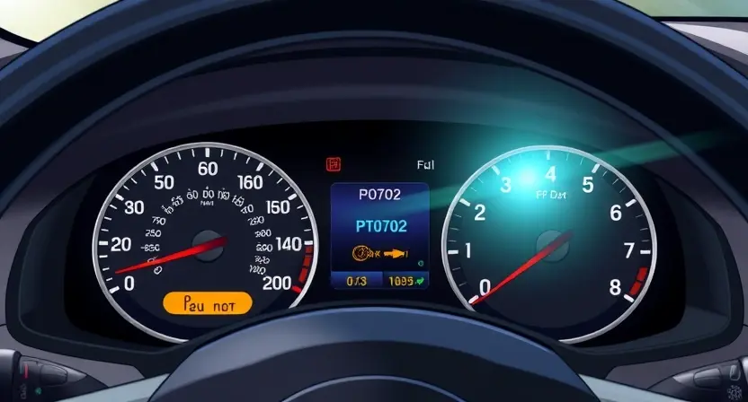 A detailed illustration of a car's dashboard with a diagnostic code light illuminated, highlighting the P0702 code. The dashboard should show various gauges and indicators, emphasizing the warning light's presence. The car's interior should be realistically depicted.