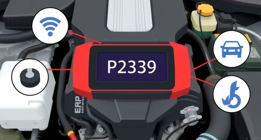 A high-quality technical illustration showing a car engine with a diagnostic scanner displaying the error code P2339, surrounded by relevant automotive parts and symbols, clean and professional visual style