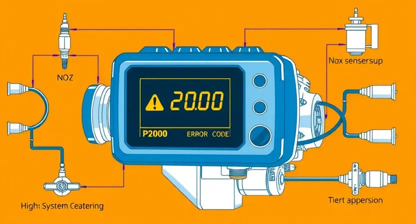 A high-quality technical illustration showing a modern diesel engine control unit with a warning indicator for P2000 error code, surrounded by schematic diagrams of NOx sensors and exhaust system components, clean technical drawing style with blue and orange color scheme, no text labels or alphanumeric characters visible