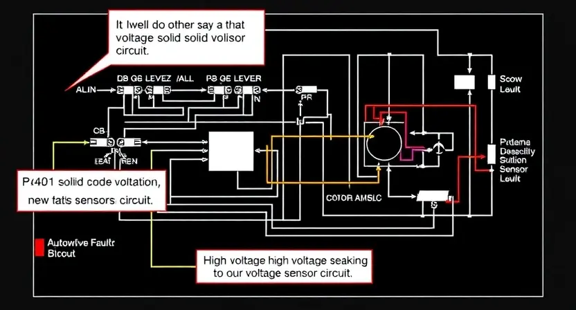 A detailed schematic diagram of an automotive sensor circuit, specifically highlighting the P24D1 error code and indicating high voltage within the solid parts sensor circuit. Include visual cues representing voltage levels and potential fault areas.