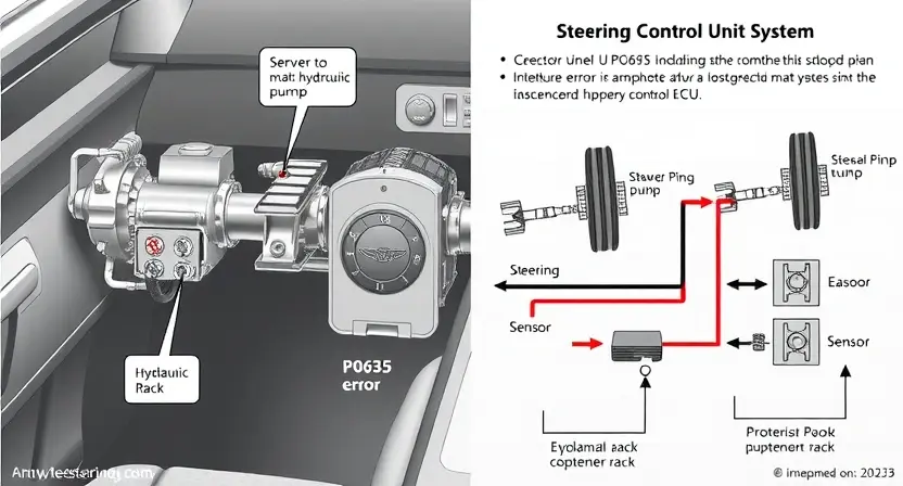 A detailed illustration of a car's power steering system, highlighting the P0635 error code related to the steering control unit. Include diagrams of the hydraulic pump, steering rack, and sensors. Focus on the electronic control unit (ECU) and its connection to the steering system.