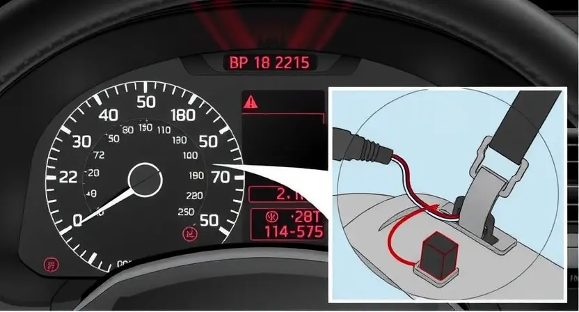 A detailed illustration of a car's diagnostic system dashboard displaying the error code B2215. The image should show the dashboard with various warning lights and indicators, highlighting the specific error code. Additionally, include a close-up view of the rear seatbelt sensor and its wiring harness to depict the potential issue area.