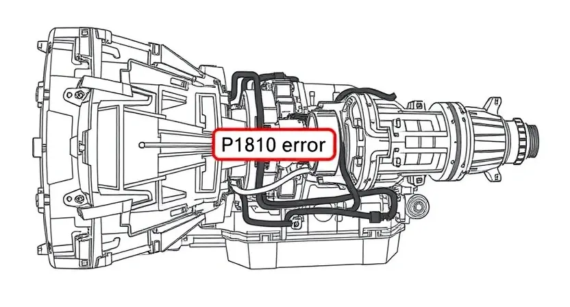 A detailed diagram of an automatic transmission (АКПП) with a highlighted component labeled 'P1810 error'. The diagram should clearly show the internal parts of the transmission and the location of the sensor or circuit related to the error. Focus on technical accuracy and clarity.