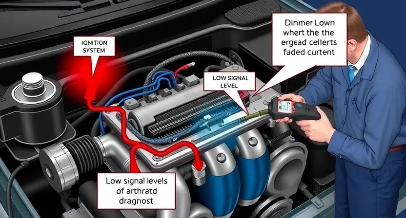 A detailed illustration of a car engine's ignition system with a focus on the primary circuit. Show the components such as the ignition coil, spark plug, and wiring. Highlight the areas where low signal levels might occur, using visual cues like dimmer lighting or faded colors. Include a technician inspecting the system with diagnostic tools.