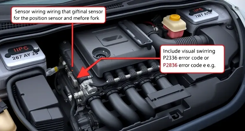 A detailed illustration of a car's engine bay, focusing on the sensor wiring and the position sensor for the fork. Highlight the potential points of failure in the wiring and connections. Include visual cues representing the P2836 error code (e.g., a flashing light or a diagnostic display).