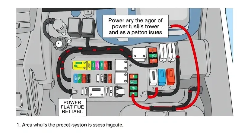 A detailed illustration of a car's electrical system, focusing on the power supply components. Include a fuse box with various fuses, relays, and wiring. Highlight the area related to the power system and its potential issues. The image should be clean and informative, suitable for a technical guide.