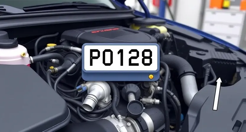 A close-up, detailed illustration of a car engine with a diagnostic code P0128 highlighted on a digital display. Focus on the engine components like the intake manifold, sensors, and hoses. The background should be a clean, modern garage setting.