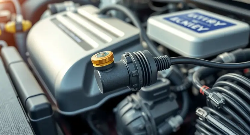 A close-up, detailed illustration of a car's engine bay, focusing on the Mass Air Flow (MAF) sensor. The sensor should be clearly visible, with surrounding engine components subtly in focus. Wires and hoses connected to the MAF sensor should be depicted realistically. The overall lighting should be bright and clean, highlighting the sensor's details. The background should be blurred to emphasize the MAF sensor.