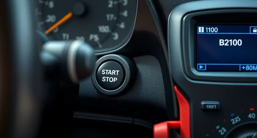 A close-up of a car's Start/Stop button on the dashboard, with visible wiring and a multimeter testing the circuit, showing error code B2100 on a diagnostic scanner screen nearby, soft ambient lighting, realistic automotive interior detail