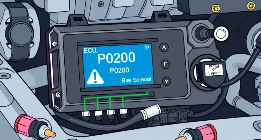 A detailed illustration of an automotive engine control unit (ECU) with various sensors and wiring. Focus on the ECU's display showing a P0200 error code. Include a visual representation of the fuel injector circuit and its components. The background should be a clean, technical environment.