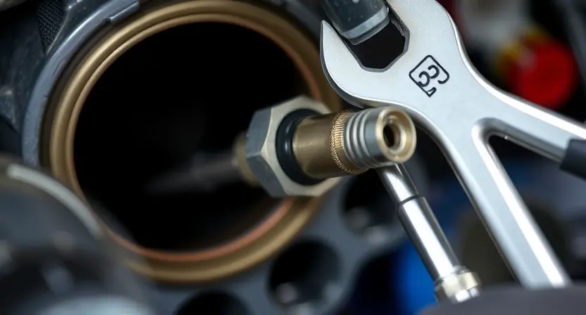 A close-up, detailed image of an oxygen sensor being removed from a car exhaust manifold. The sensor should be clearly visible, along with the surrounding metal components. Tools like wrenches or sockets should be subtly present, indicating a repair process. Focus on the sensor's electrical connector and its attachment point. The background should be a slightly blurred automotive workshop environment.