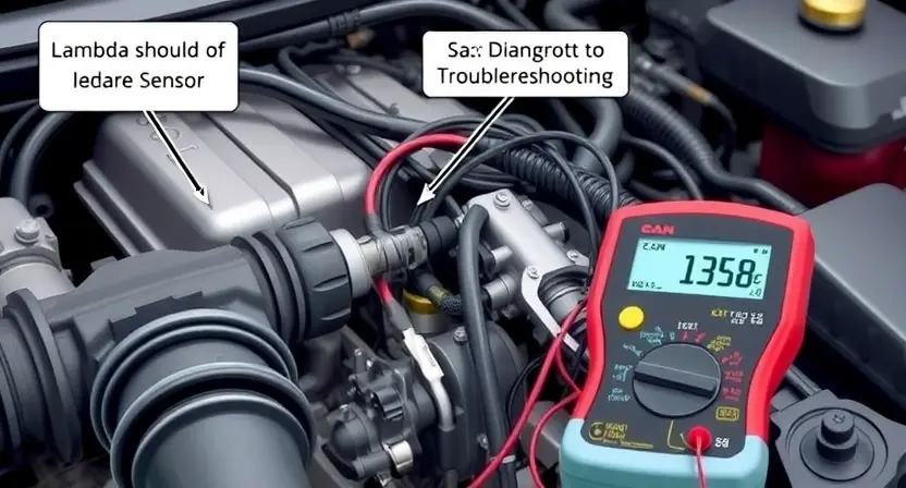 A detailed illustration of an automotive engine bay with a close-up of the lambda sensor. The sensor should be clearly visible, with wiring and connections highlighted. Diagnostic tools like a scan tool and a multimeter should be present, demonstrating troubleshooting. The background should be slightly blurred to emphasize the sensor and tools.
