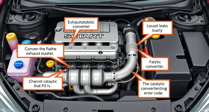 A detailed illustration of a car's engine bay, highlighting the catalytic converter and exhaust system. Focus on the components related to the P0735 error code. Include visual cues representing potential causes like exhaust leaks or faulty sensors.