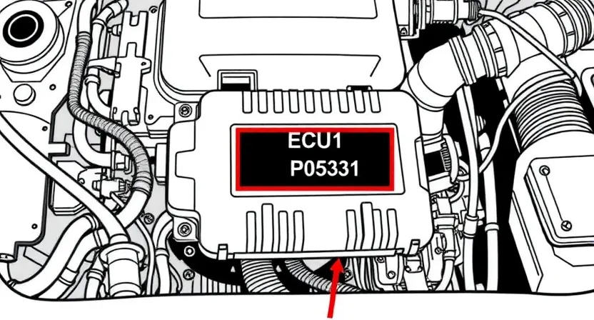A detailed illustration of a car's engine control unit (ECU) with diagnostic trouble code P0531 highlighted. The ECU should be surrounded by various automotive components like sensors, wiring harnesses, and hoses. The background should be a clean, technical environment.