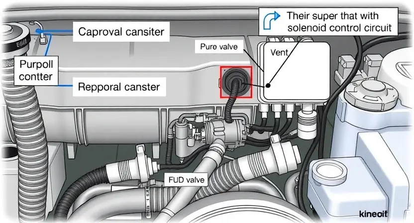 A detailed illustration of a Ford vehicle's EVAP (Evaporative Emission Control) system, highlighting the solenoid control circuit. The image should include labeled components such as the fuel tank, charcoal canister, purge valve, vent valve, and the solenoid control circuit. The focus should be on the solenoid control circuit, showing its connections and potential points of failure. The illustration should be technical and informative, suitable for a repair manual.