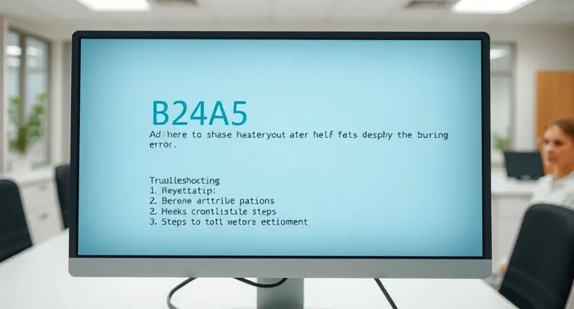 A computer screen displaying an error message B24A5. The error message should be clearly visible, with accompanying troubleshooting steps listed below it. The background should be a clean, professional-looking office environment.