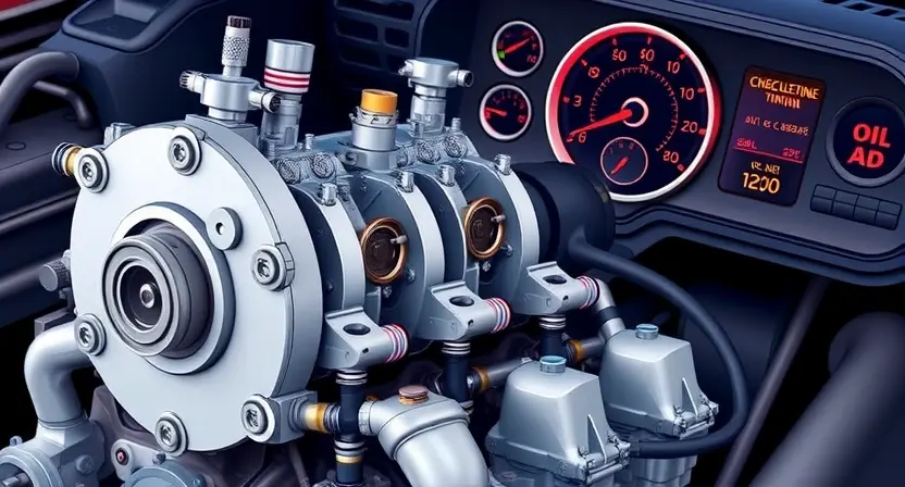 A detailed technical illustration of a car engine with a focus on the variable valve timing system, showing components like camshaft, solenoids, and oil passages, with subtle diagnostic indicators such as a check engine light glowing on the dashboard in the background, all rendered in a clean, professional automotive repair manual style