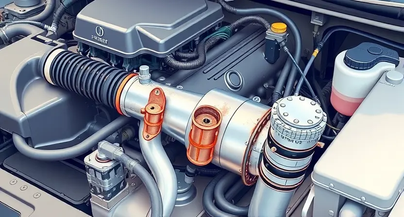 A detailed illustration of an automotive engine bay with a focus on the catalytic converter and associated wiring. The engine should be partially visible, showing various components like hoses, belts, and sensors. The catalytic converter should be clearly depicted, highlighting any potential issues or damage. The overall lighting should be bright and realistic, showcasing the details of the engine components.