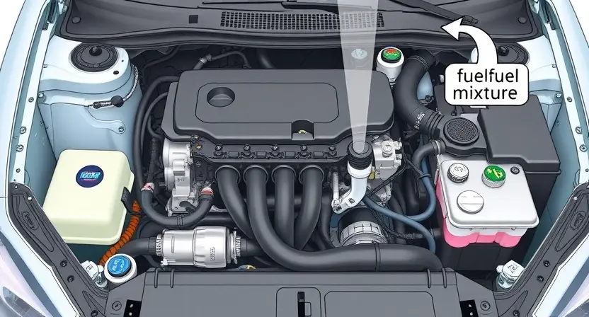 A detailed illustration of a car's engine bay, highlighting the fuel system components (fuel injectors, fuel rail, fuel pressure sensor). The image should visually represent a lean air-fuel mixture, perhaps with subtle visual cues like a slightly hazy or 'thin' representation of the air/fuel flow. Focus on the technical aspects of the engine and fuel delivery. The overall aesthetic should be clean and informative, suitable for a repair manual or educational material. No people should be visible.