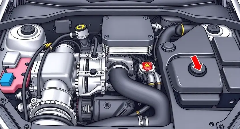 A detailed illustration of a car engine bay, focusing on the throttle body and related components. The engine should be clean and well-lit, showcasing the position and connections of the throttle body. Include visible hoses, wires, and sensors connected to the throttle body. The overall image should convey a sense of technical precision and clarity, suitable for a repair manual or diagnostic guide.