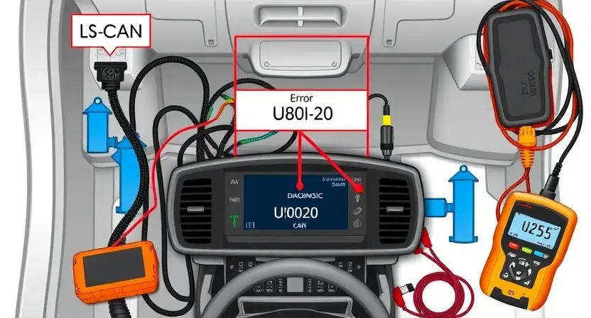 A detailed technical illustration of a vehicle's LS-CAN communication system showing diagnostic error code U0020, with highlighted wiring harness, ECU modules, and a digital dashboard displaying the error code, surrounded by diagnostic tools like an OBD-II scanner and multimeter, all in a clean, professional automotive engineering style