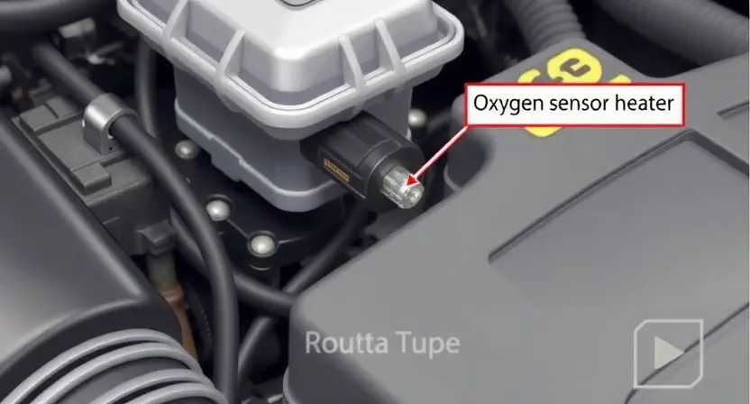A detailed illustration of an automotive engine bay, focusing on the oxygen sensor heater circuit. Show a close-up of the heater element, wiring, and connector. Include visual cues indicating a potential fault, such as a slightly damaged wire or a disconnected connector. The background should be slightly blurred to emphasize the circuit.