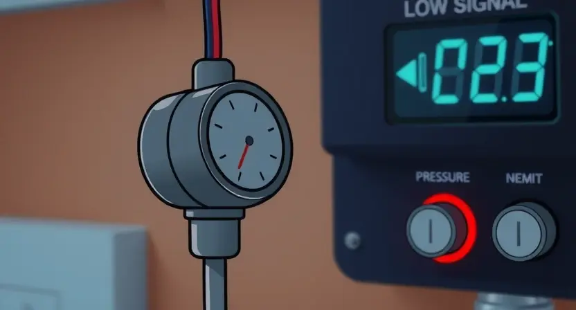 A close-up, detailed illustration of a pressure sensor with a cable connected to a control panel. The sensor should appear slightly dimmed or with a visual representation of a weak signal (e.g., a faint, flickering line). The control panel should have a display showing a low signal indicator. Focus on the sensor and the connection, highlighting the potential source of the error.