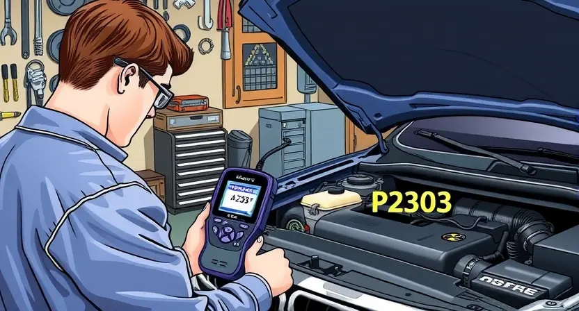 A detailed illustration of an automotive diagnostic process. The image should show a mechanic using a diagnostic tool connected to a car's OBD-II port, with the car's engine hood open. The mechanic is examining the diagnostic screen displaying the error code P2303. The background should include various automotive tools and parts, emphasizing a professional repair shop setting.