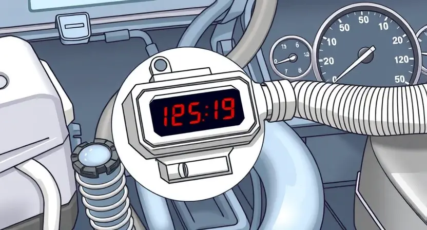 A detailed illustration of a car's engine bay, focusing on the coolant level sensor. The sensor should be clearly visible, with a digital display showing a high coolant level. Include hoses and wiring around the sensor, and a background depicting a car dashboard.