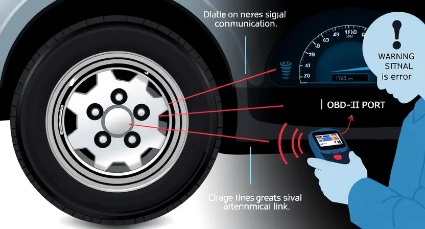 A detailed technical illustration of a tire pressure monitoring system (TPMS) module with a broken communication link, showing a vehicle's wheel with a sensor inside the tire, wireless signal waves disrupted by interference or damage, dashboard warning light illuminated for TPMS error, and a mechanic using a diagnostic scanner near the OBD-II port, all in a clean, professional automotive diagnostic style