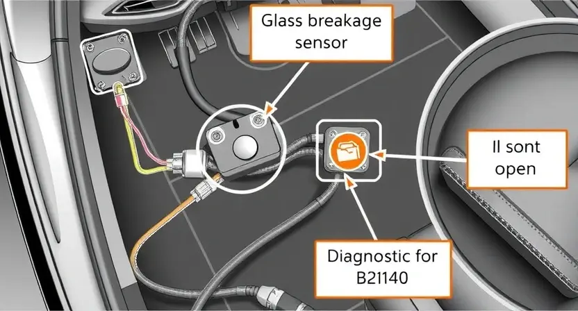 A detailed technical illustration of a car's glass breakage sensor circuit, showing wiring, sensor components, and a fault indicator highlighting an open or short circuit, with diagnostic labels pointing to the B2140 error code, in a clean automotive engineering style