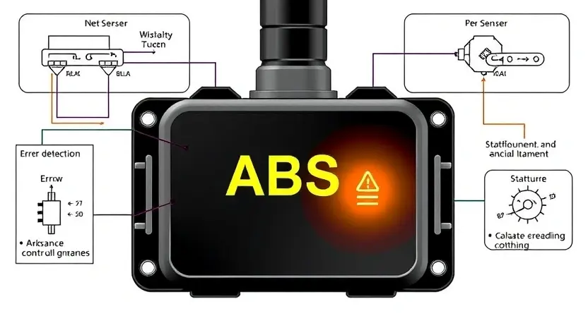 A technical illustration showing an automotive anti-lock braking system (ABS) control module with a clear warning sign or indicator light, surrounded by schematic diagrams of wiring and sensor connections, emphasizing communication pathways and error detection, rendered in a clean, high-detail technical illustration style with labeled components and circuit diagrams, no text or numbers visible on the image