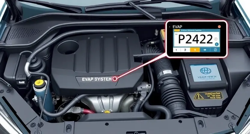 A high-quality technical illustration showing a car engine compartment with a highlighted EVAP system component, displaying a diagnostic code P2422 on a digital scanner screen, clean and professional visual style