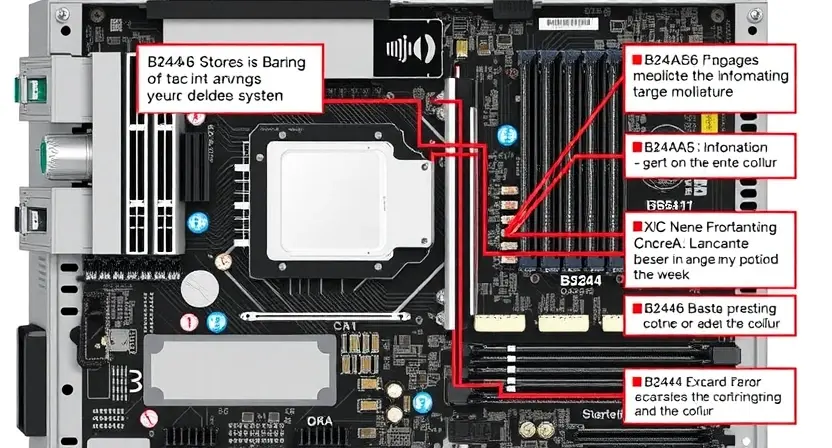 A detailed schematic diagram illustrating the internal components of a computer motherboard, highlighting the B24A6 error code location and potential causes. Include visual representations of capacitors, resistors, and other electronic parts.