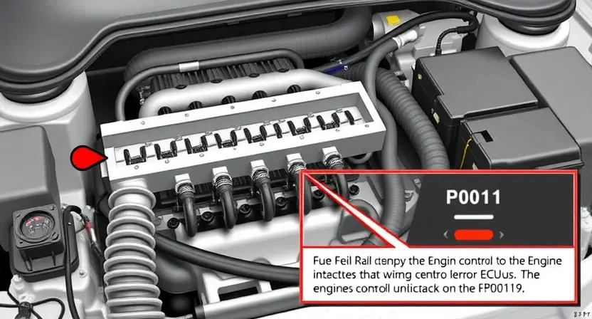 A detailed illustration of an automotive engine bay, focusing on the location of the fuel rail and related electrical components. The image should clearly show the fuel rail connected to the fuel injectors and the wiring harness leading to the engine control unit (ECU). Include a visual representation of the P0191 error code indicator on a dashboard.