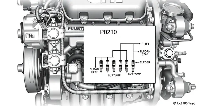 A detailed illustration of an engine's fuel injector circuit, highlighting the P0210 error code. Include visual representations of the fuel pump, fuel rail, injectors, and sensors. Show a schematic diagram overlaid on the engine components, with the P0210 code clearly marked.