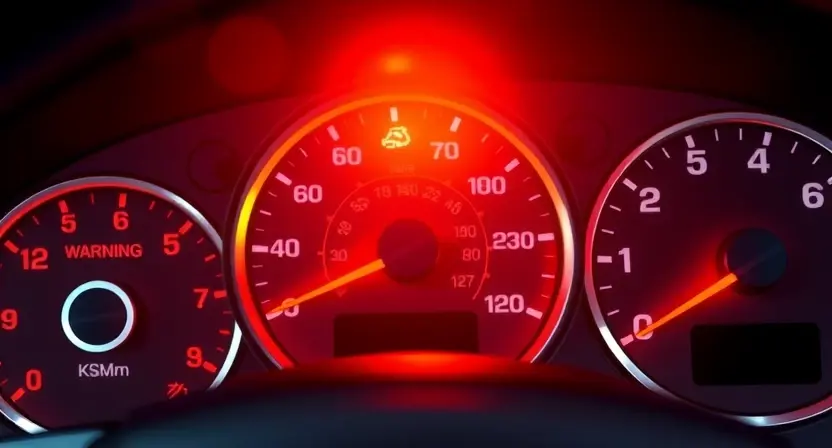 A close-up, detailed illustration of a car's dashboard with a prominent warning light illuminated. The dashboard should show various gauges and controls, emphasizing the warning light's location and color. Focus on the visual details of the dashboard elements and the warning light itself.